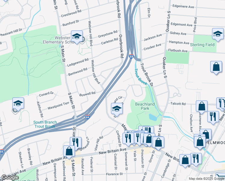 map of restaurants, bars, coffee shops, grocery stores, and more near 138 Elmhurst Street in West Hartford