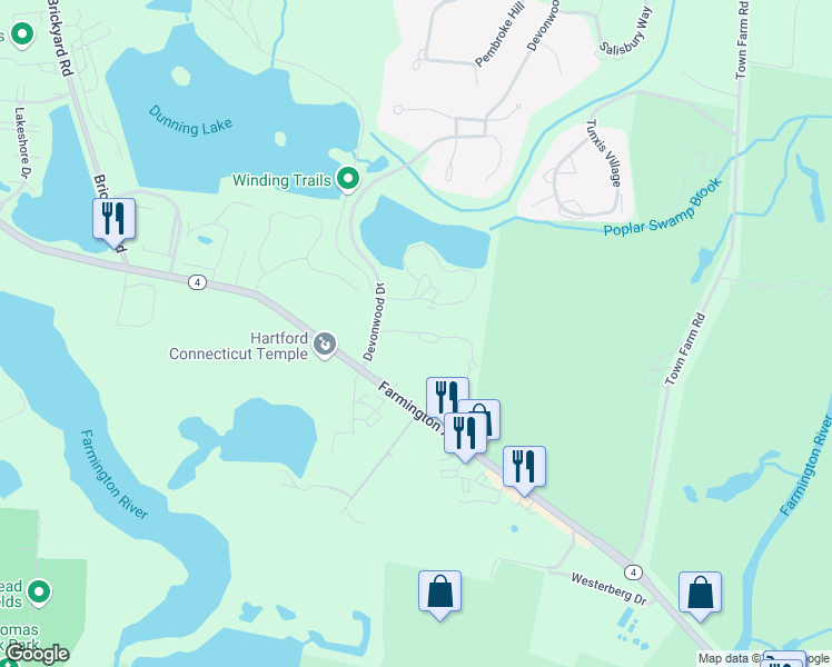 map of restaurants, bars, coffee shops, grocery stores, and more near 29 Fenwick Drive in Farmington