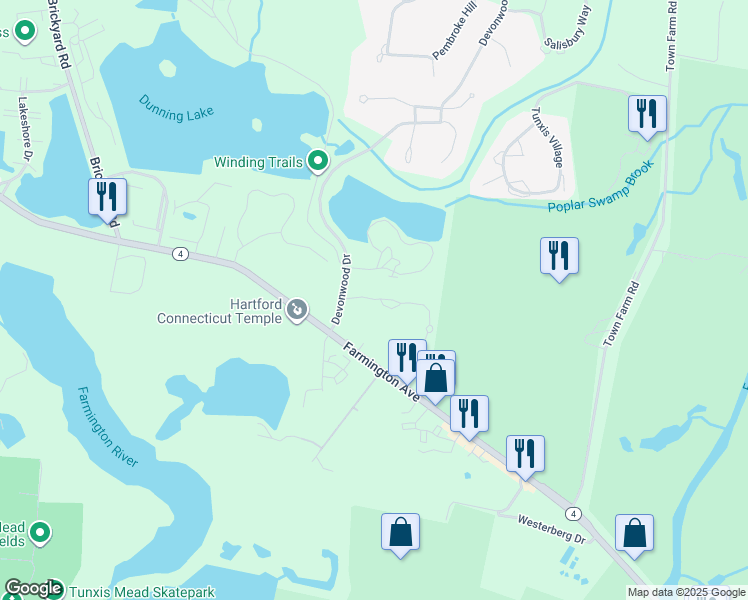 map of restaurants, bars, coffee shops, grocery stores, and more near 22 Fenwick Drive in Farmington