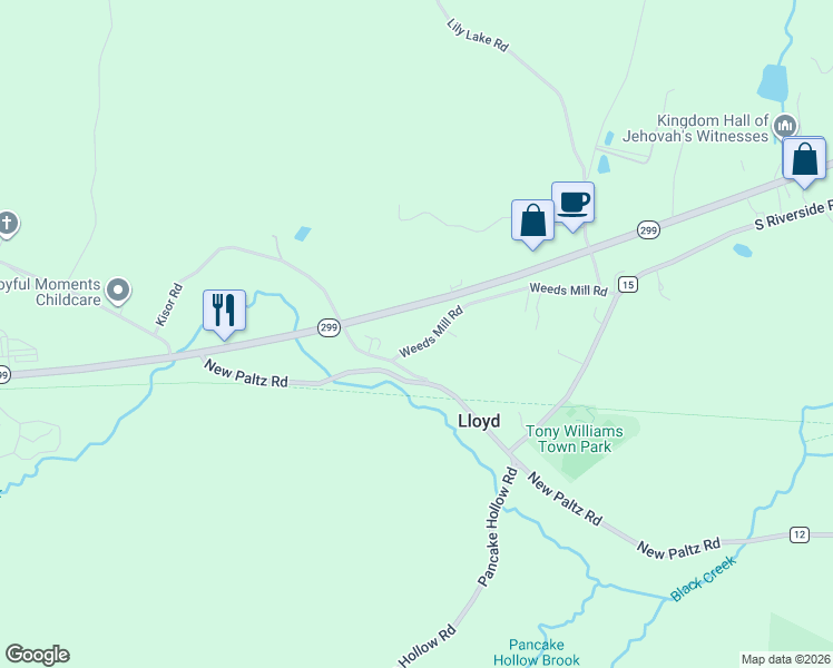 map of restaurants, bars, coffee shops, grocery stores, and more near 291-361 State Highway 299 in Highland