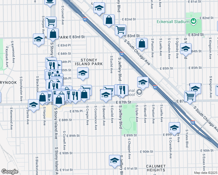 map of restaurants, bars, coffee shops, grocery stores, and more near 8558 South Euclid Avenue in Chicago