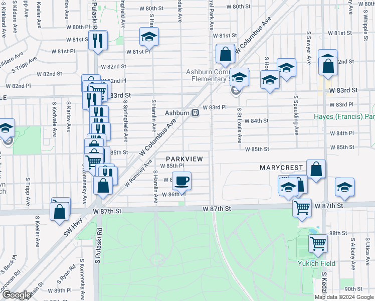 map of restaurants, bars, coffee shops, grocery stores, and more near 3652 West 85th Place in Chicago