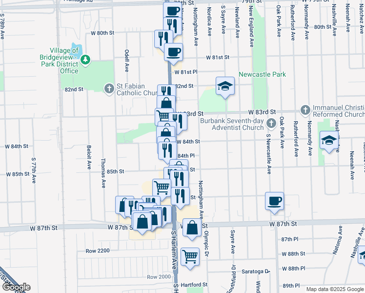 map of restaurants, bars, coffee shops, grocery stores, and more near 7136 West 84th Street in Burbank