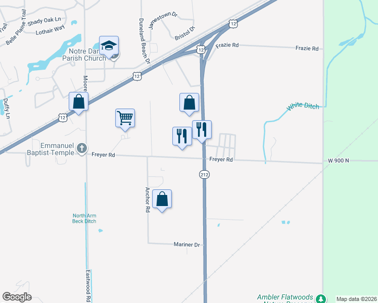 map of restaurants, bars, coffee shops, grocery stores, and more near 726 Freyer Road in Michigan City