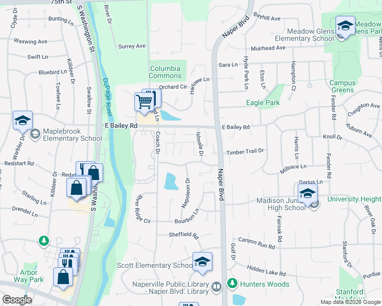 map of restaurants, bars, coffee shops, grocery stores, and more near 530 Kiowa Circle in Naperville
