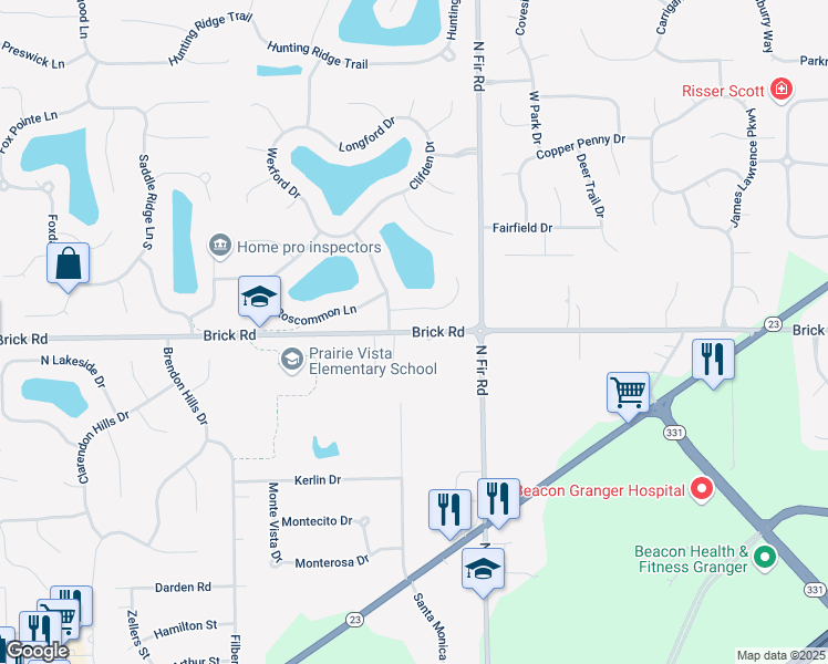 map of restaurants, bars, coffee shops, grocery stores, and more near Brick Road in Granger
