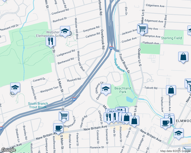 map of restaurants, bars, coffee shops, grocery stores, and more near 138 Elmhurst Street in West Hartford