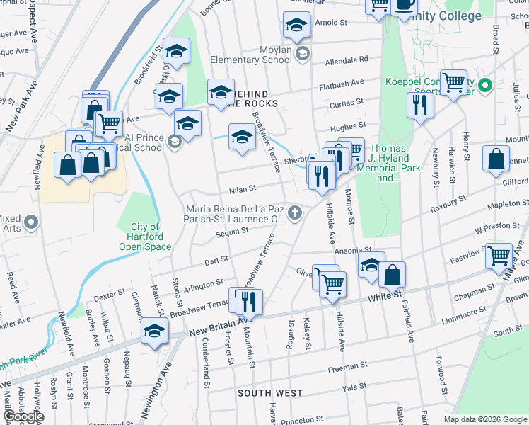map of restaurants, bars, coffee shops, grocery stores, and more near 506 Broadview Terrace in Hartford