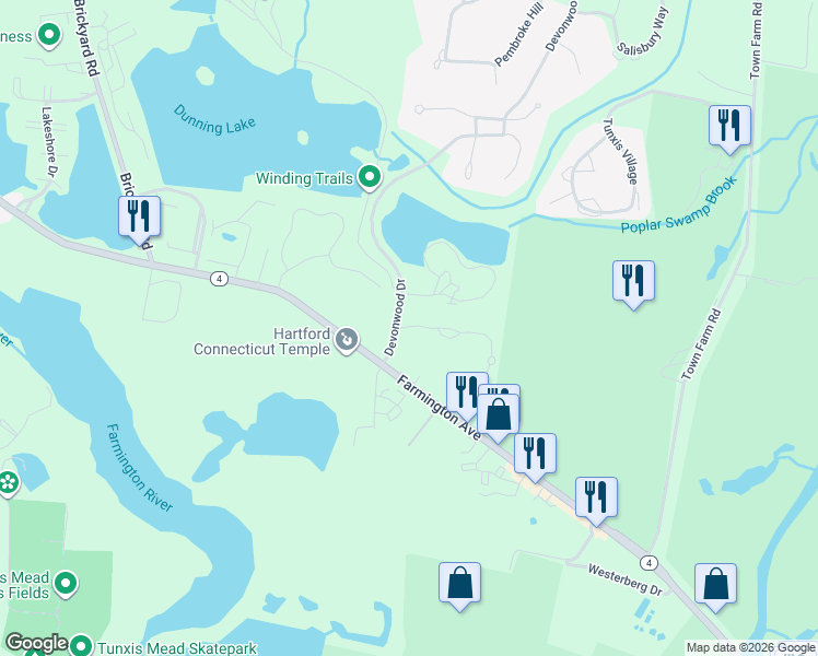 map of restaurants, bars, coffee shops, grocery stores, and more near 12 Fenwick Drive in Farmington