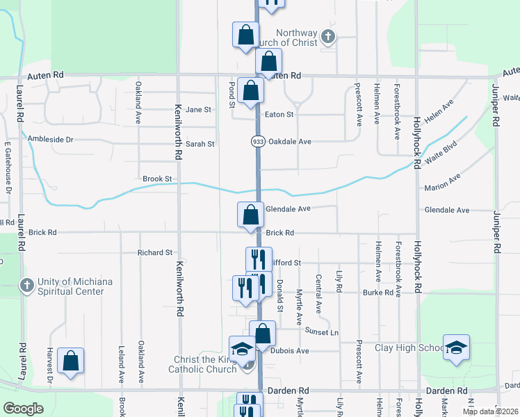map of restaurants, bars, coffee shops, grocery stores, and more near 19699 Glendale Ave in South Bend