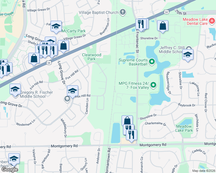 map of restaurants, bars, coffee shops, grocery stores, and more near 3370 Fox Hill Road in Aurora