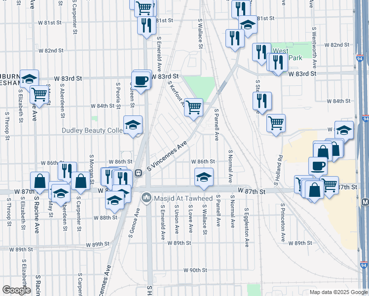 map of restaurants, bars, coffee shops, grocery stores, and more near 8545 South Vincennes Avenue in Chicago