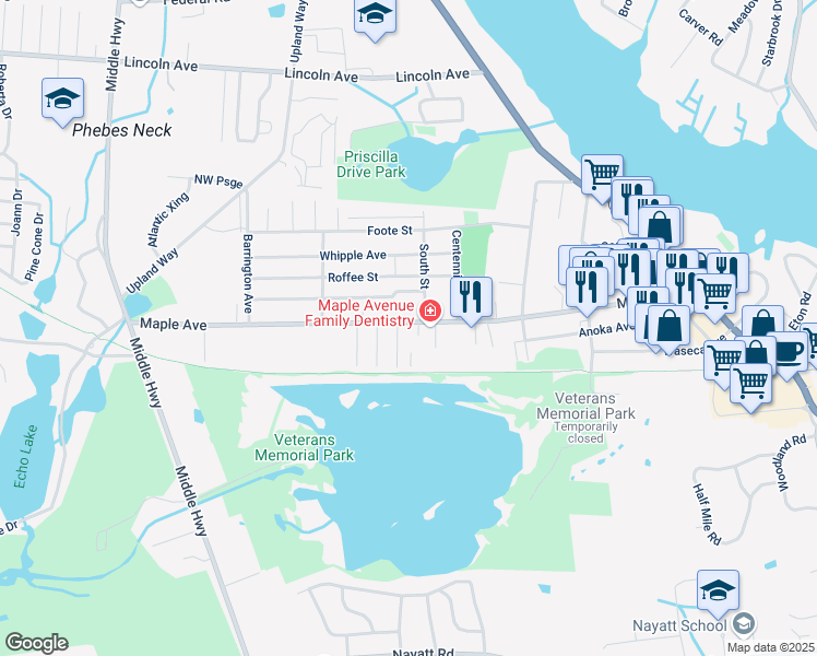 map of restaurants, bars, coffee shops, grocery stores, and more near 348 Maple Avenue in Barrington