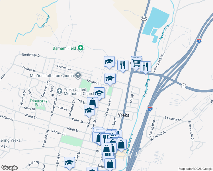 map of restaurants, bars, coffee shops, grocery stores, and more near 605 Klamath Street in Yreka