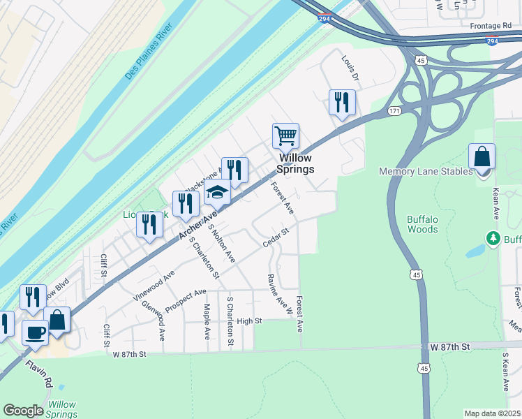 map of restaurants, bars, coffee shops, grocery stores, and more near 812 Vinewood Avenue in Willow Springs