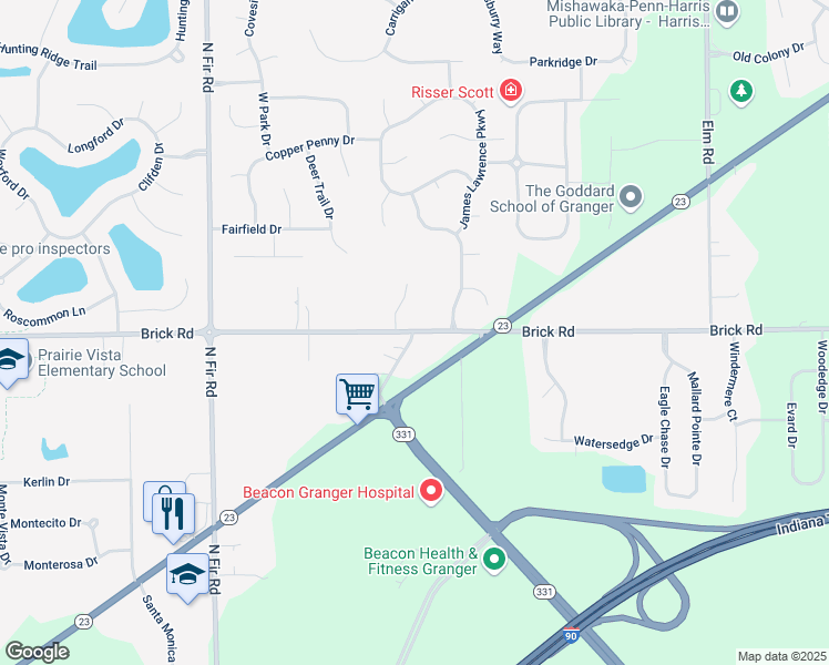 map of restaurants, bars, coffee shops, grocery stores, and more near 14749 Brick Rd in Granger