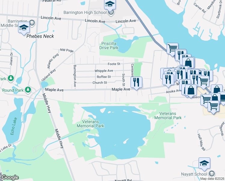 map of restaurants, bars, coffee shops, grocery stores, and more near 374 Maple Avenue in Barrington