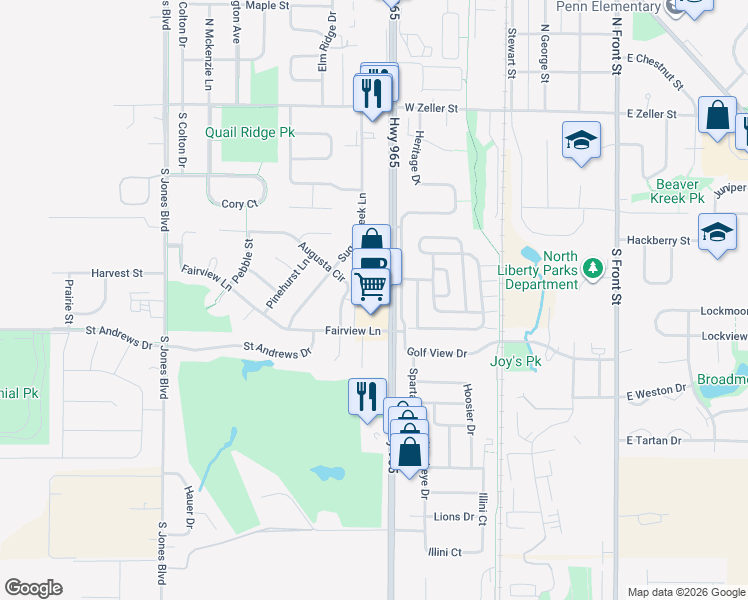 map of restaurants, bars, coffee shops, grocery stores, and more near 555 Highway 965 in North Liberty