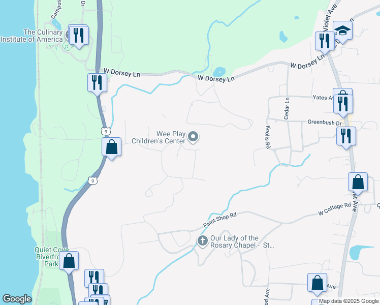 map of restaurants, bars, coffee shops, grocery stores, and more near 10 Hook Road in Poughkeepsie