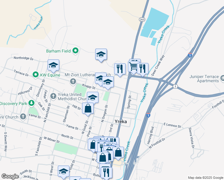 map of restaurants, bars, coffee shops, grocery stores, and more near 552 North Oregon Street in Yreka