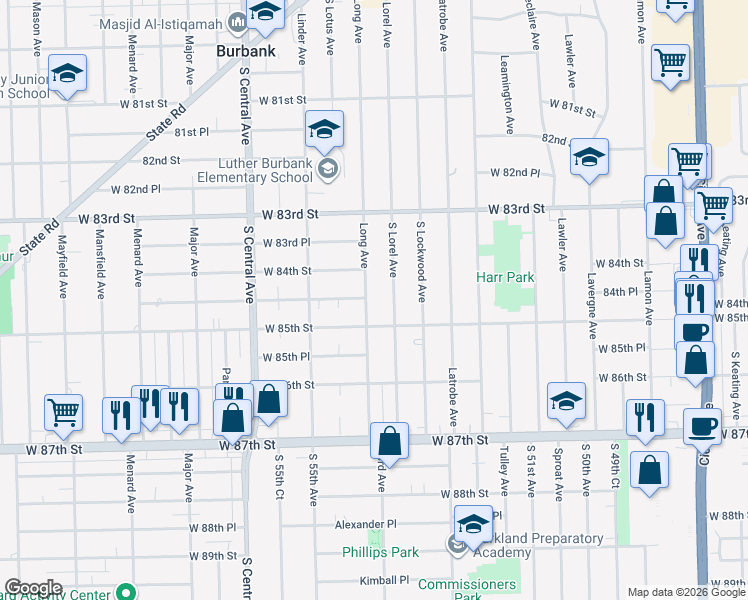 map of restaurants, bars, coffee shops, grocery stores, and more near 8424 South Lorel Avenue in Burbank