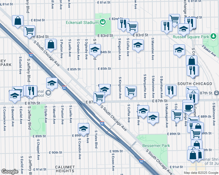 map of restaurants, bars, coffee shops, grocery stores, and more near 8600 South Essex Avenue in Chicago