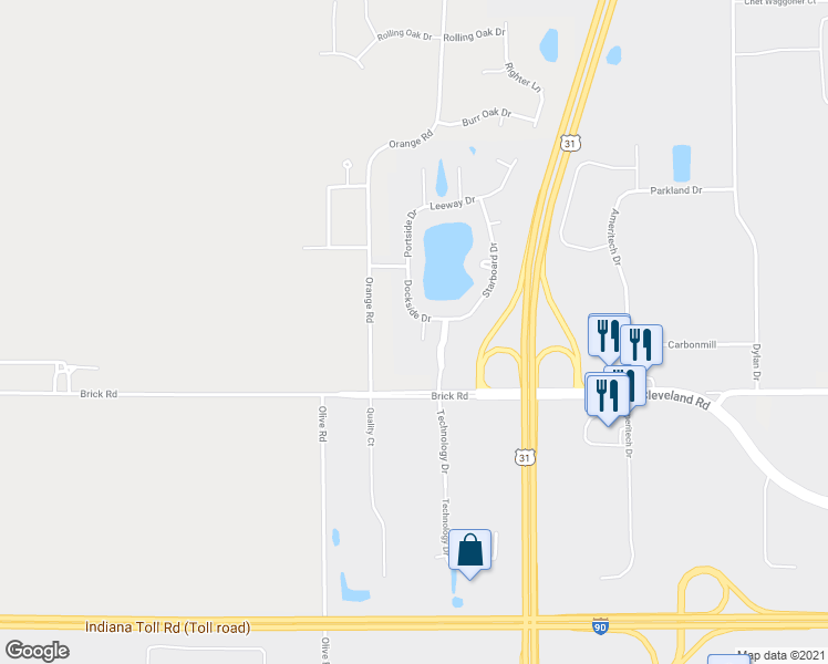 map of restaurants, bars, coffee shops, grocery stores, and more near 4619 Pier Court in South Bend