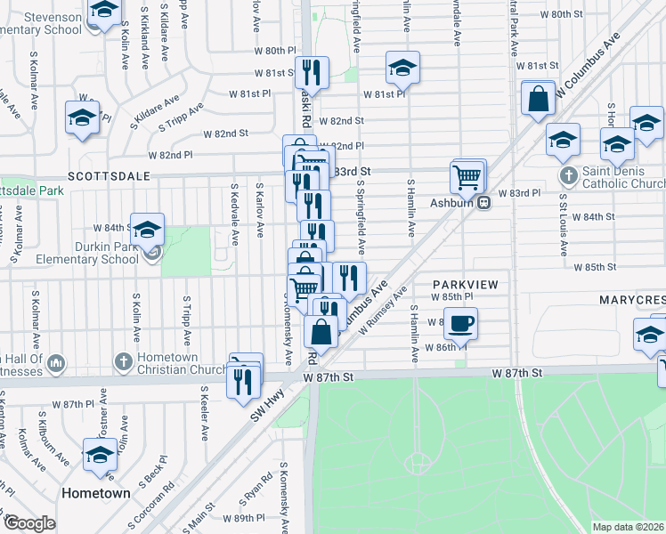 map of restaurants, bars, coffee shops, grocery stores, and more near 3919 West 84th Place in Chicago