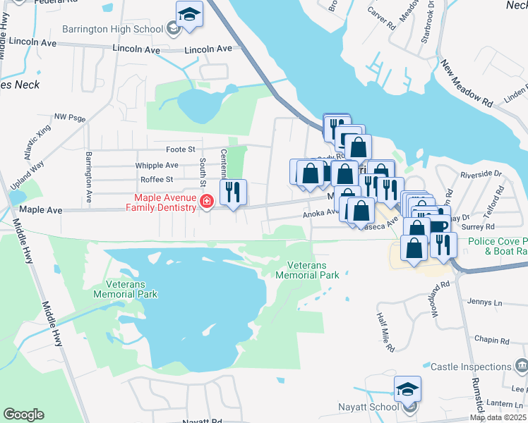 map of restaurants, bars, coffee shops, grocery stores, and more near 178 Prince's Hill Avenue in Barrington