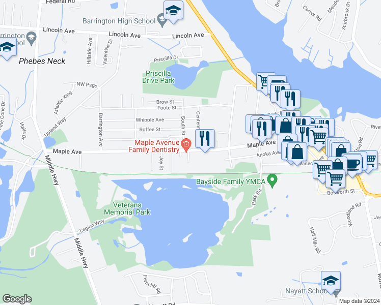 map of restaurants, bars, coffee shops, grocery stores, and more near 285 Maple Avenue in Barrington