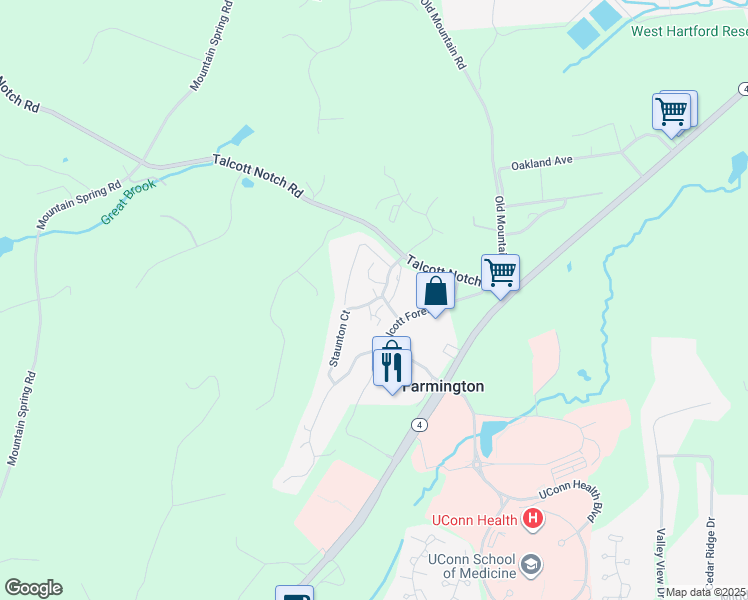 map of restaurants, bars, coffee shops, grocery stores, and more near 6 Talcott Ridge Road in Farmington