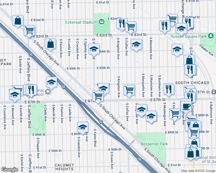 map of restaurants, bars, coffee shops, grocery stores, and more near 8600 South Essex Avenue in Chicago
