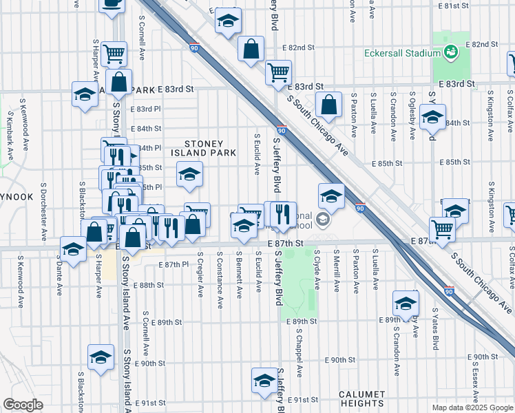 map of restaurants, bars, coffee shops, grocery stores, and more near 8558 South Euclid Avenue in Chicago