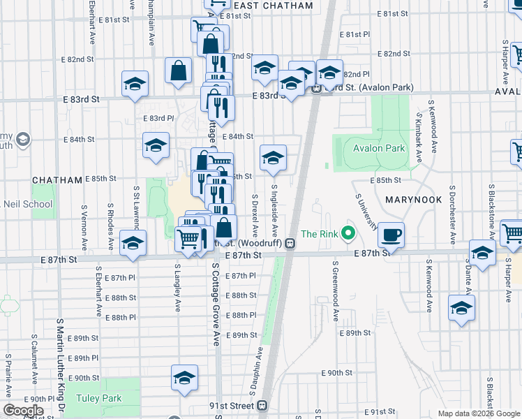 map of restaurants, bars, coffee shops, grocery stores, and more near 8546 South Ingleside Avenue in Chicago