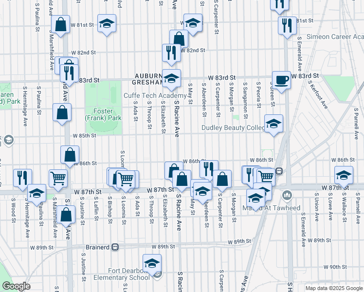 map of restaurants, bars, coffee shops, grocery stores, and more near 8516 South May Street in Chicago