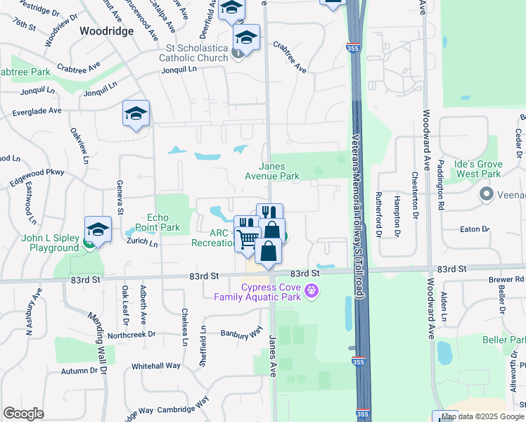 map of restaurants, bars, coffee shops, grocery stores, and more near 2405 Spring Street in Woodridge