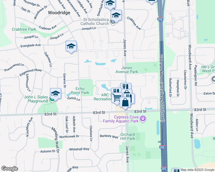 map of restaurants, bars, coffee shops, grocery stores, and more near 2437 Spring Street in Woodridge
