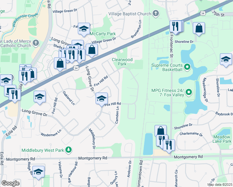 map of restaurants, bars, coffee shops, grocery stores, and more near 930 Camden Lane in Aurora
