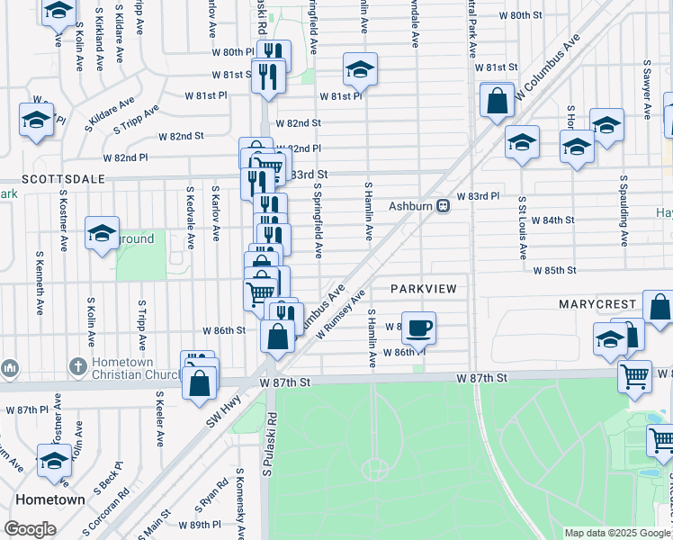 map of restaurants, bars, coffee shops, grocery stores, and more near 3840 West 85th Street in Chicago