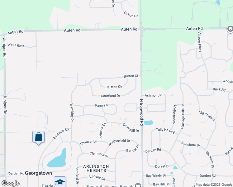 map of restaurants, bars, coffee shops, grocery stores, and more near 18185 Courtland Drive in South Bend