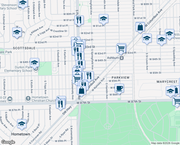 map of restaurants, bars, coffee shops, grocery stores, and more near 3919 West 84th Place in Chicago