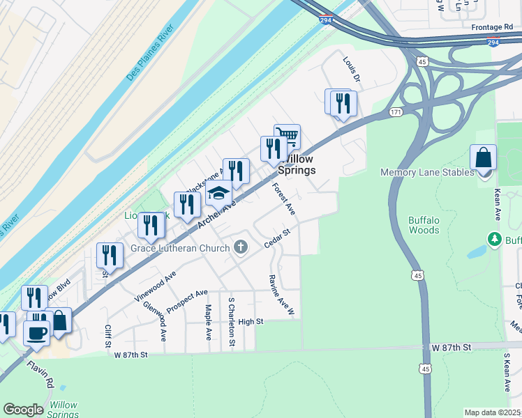 map of restaurants, bars, coffee shops, grocery stores, and more near 812 Vinewood Avenue in Willow Springs