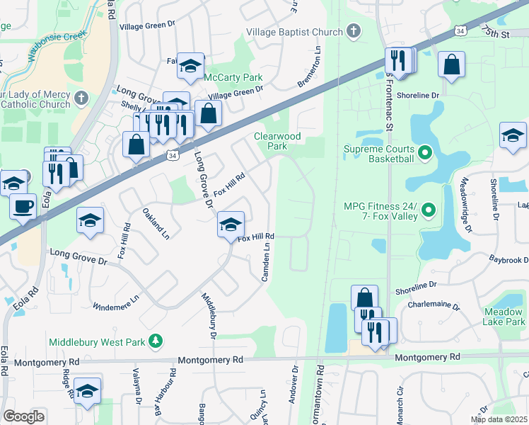 map of restaurants, bars, coffee shops, grocery stores, and more near 930 Camden Lane in Aurora