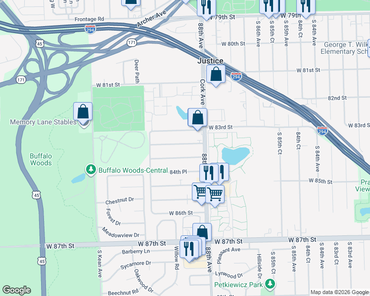 map of restaurants, bars, coffee shops, grocery stores, and more near 8827 83rd Place in Justice