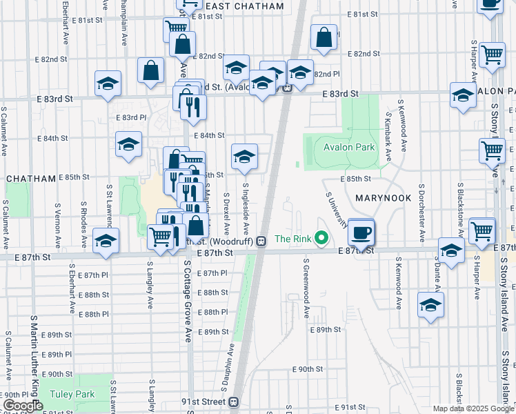 map of restaurants, bars, coffee shops, grocery stores, and more near 950 East 86th Street in Chicago