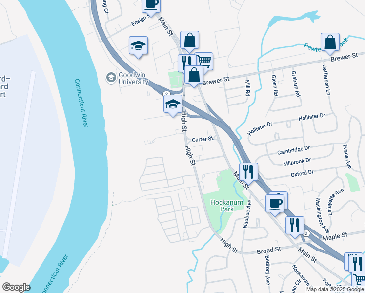 map of restaurants, bars, coffee shops, grocery stores, and more near 191 High Street in East Hartford