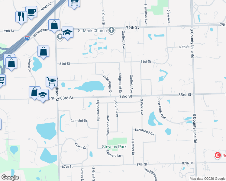 map of restaurants, bars, coffee shops, grocery stores, and more near 8261 Lake Ridge Drive in Burr Ridge