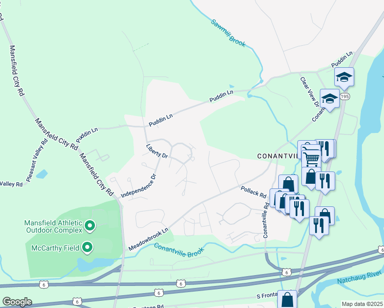 map of restaurants, bars, coffee shops, grocery stores, and more near Samuel Lane in Mansfield