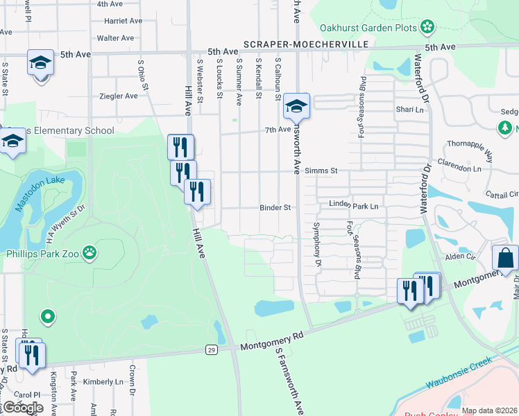map of restaurants, bars, coffee shops, grocery stores, and more near Binder Street in Aurora