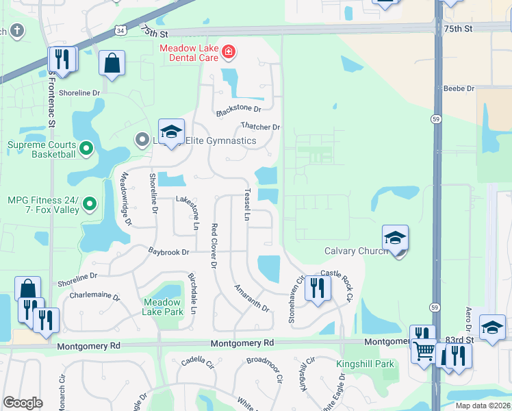 map of restaurants, bars, coffee shops, grocery stores, and more near 854 Red Clover Drive in Aurora